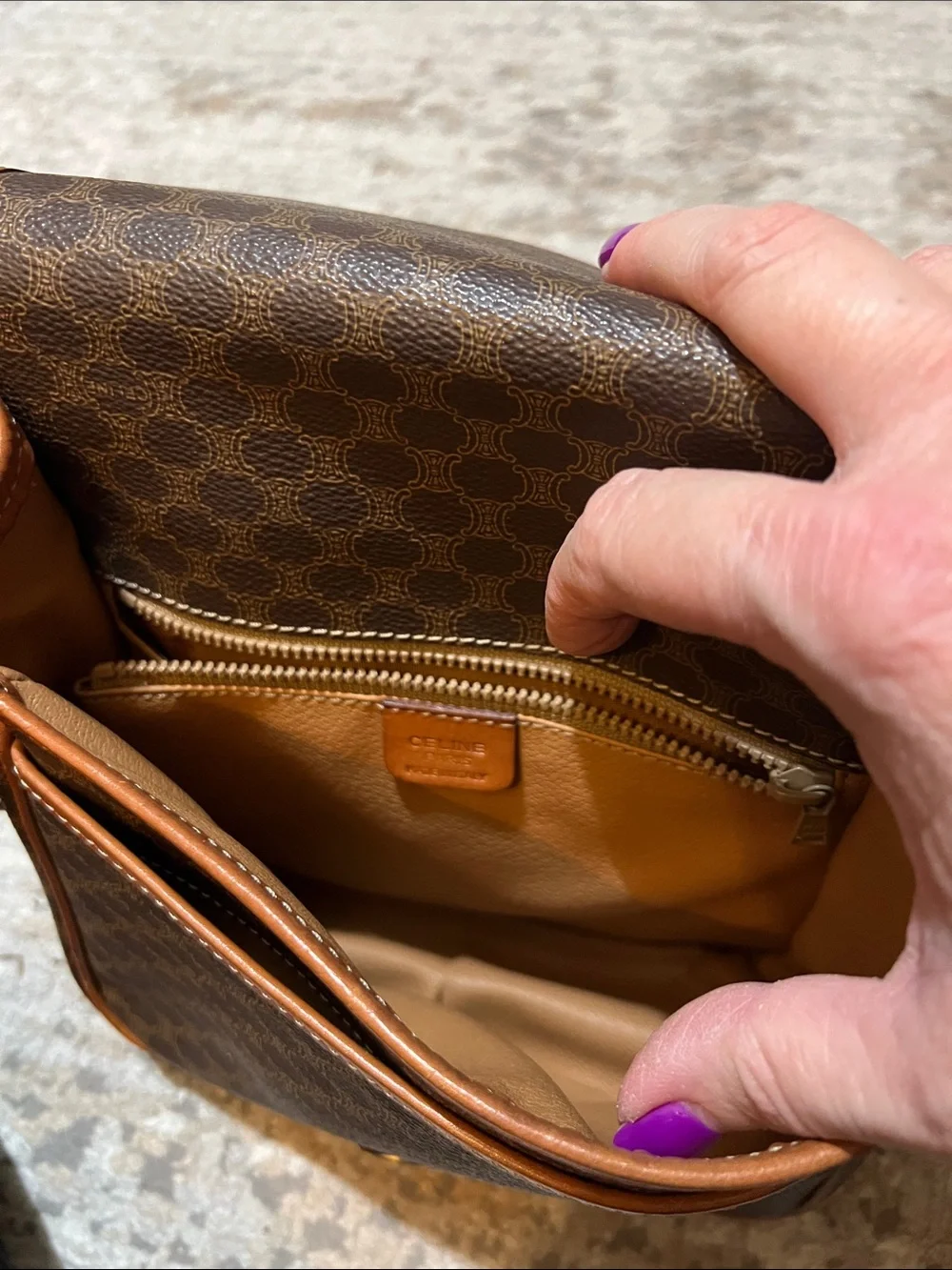 Authentic Celine Brown Monogram Crossbody Bag with Tan Leather Trim - Picture 8 of 16